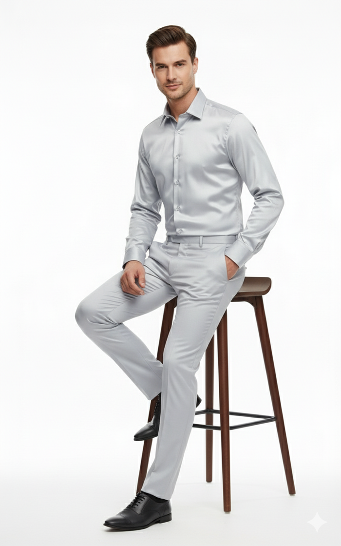 Men’s Silver Satin Dress Shirt and Pants Set - Luxury Slim Fit Outfit for Parties, Weddings, and Formal Events by USA Men's Outlet