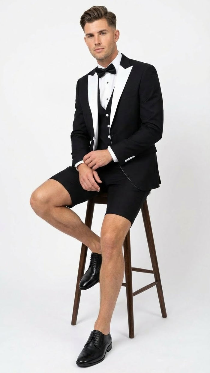 Men’s Black and White Tuxedo Shorts Suit – Modern Formal Tuxedo with Pants for Wedding, Party and Special Events