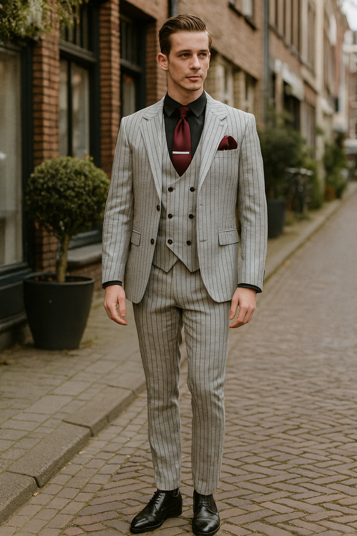 Men’s 3-Piece Light Grey Pinstripe Suit with Vest - Classic Business, Wedding, and Formal Attire by USA Men's Outlet