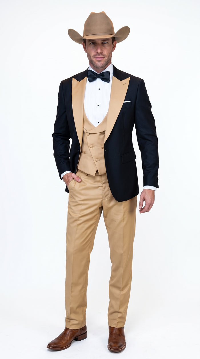 Men's Western Khaki Cowboy Tuxedo Suit – Black & Tan Beige  Peak Lapel 3-Piece Vested Formal Cowboy Suit