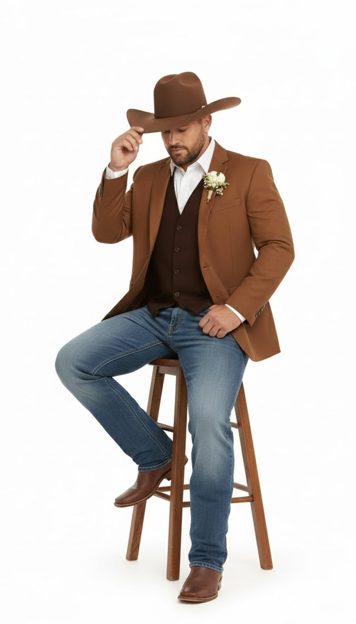 Saco Vaquero Mens Rust Copper Brown Western Blazer – Cowboy Style Classic Tailored Jacket for Weddings, Rodeos and Country Events