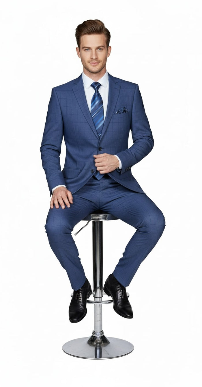 Mens Indigo Navy Blue Windowpane Check Suit - Classic 2-Piece Formal Business and Wedding Wear Set in Cobalt Blue by USA Men's Outlet