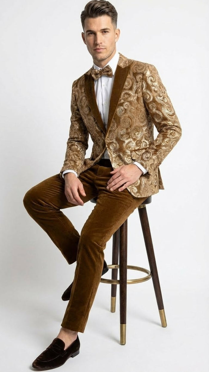 Men’s Goldish Light brown Tuxedo dinner Jacket Embroidered Blazer - Velvet Jacket for Formal Paisley Pattern Coffee Mocca Color by USA Men's Outlet