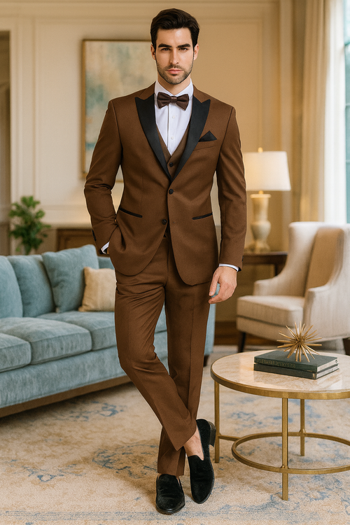 Men’s Light Brown Tuxedo Suit with Black Satin Lapel – 3 Piece Formal Wedding & Prom Outfit - Country Look