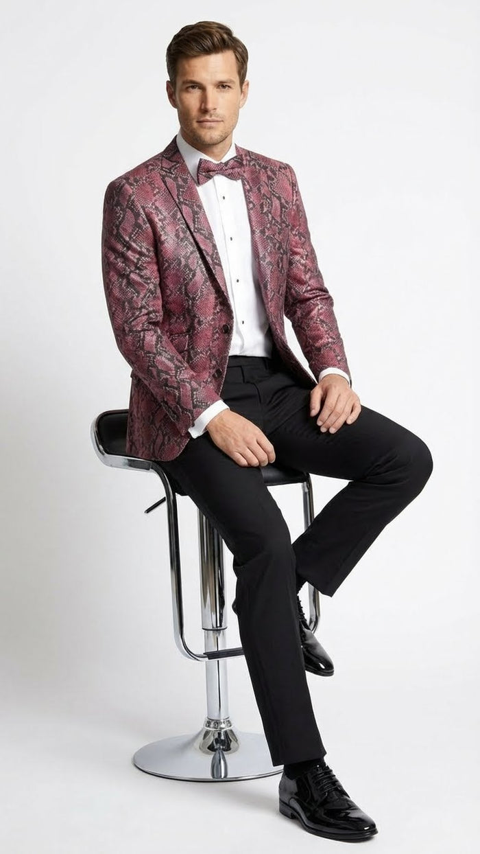 Men’s Burgundy and Black Snakeskin Print Blazer - Alligator Crocodile Sport Jacket Exotic Skin by USA Men's Outlet