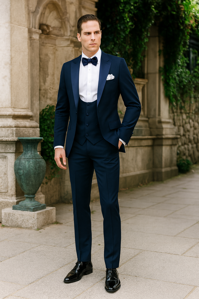 Men’s Navy Blue Tuxedo with Satin Peak Lapel with navy sateen - 3 Piece Formal Suit with Vest and Bow Tie by USA Men's Outlet