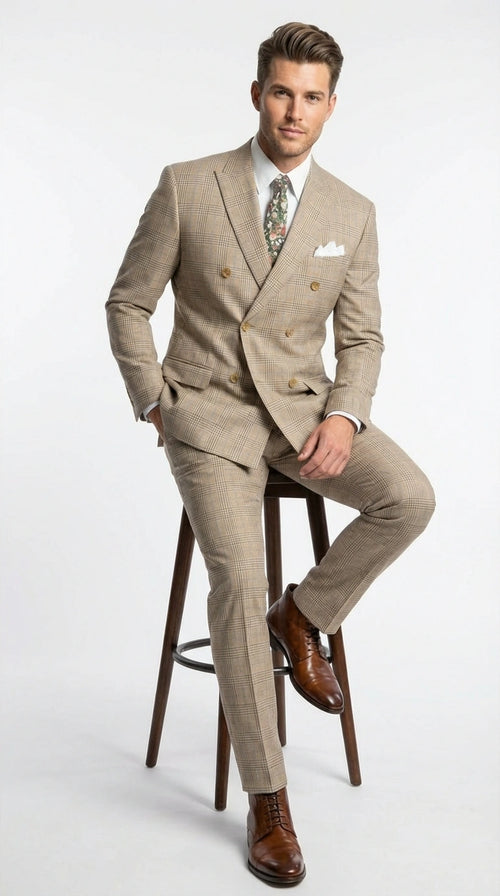 Vinci Men’s Beige Plaid Double Breasted Suit – Classic Checkered Formal Suit Set in Tan Color Windowpane Checkered Pattern
