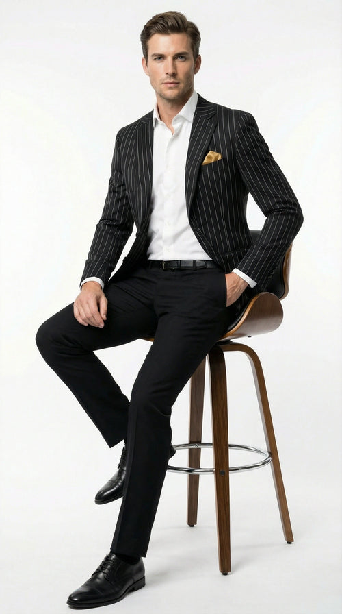 Men’s Black Pinstripe Blazer –Classic Tailored Formal Jacket for Business, Office and Evening Wear