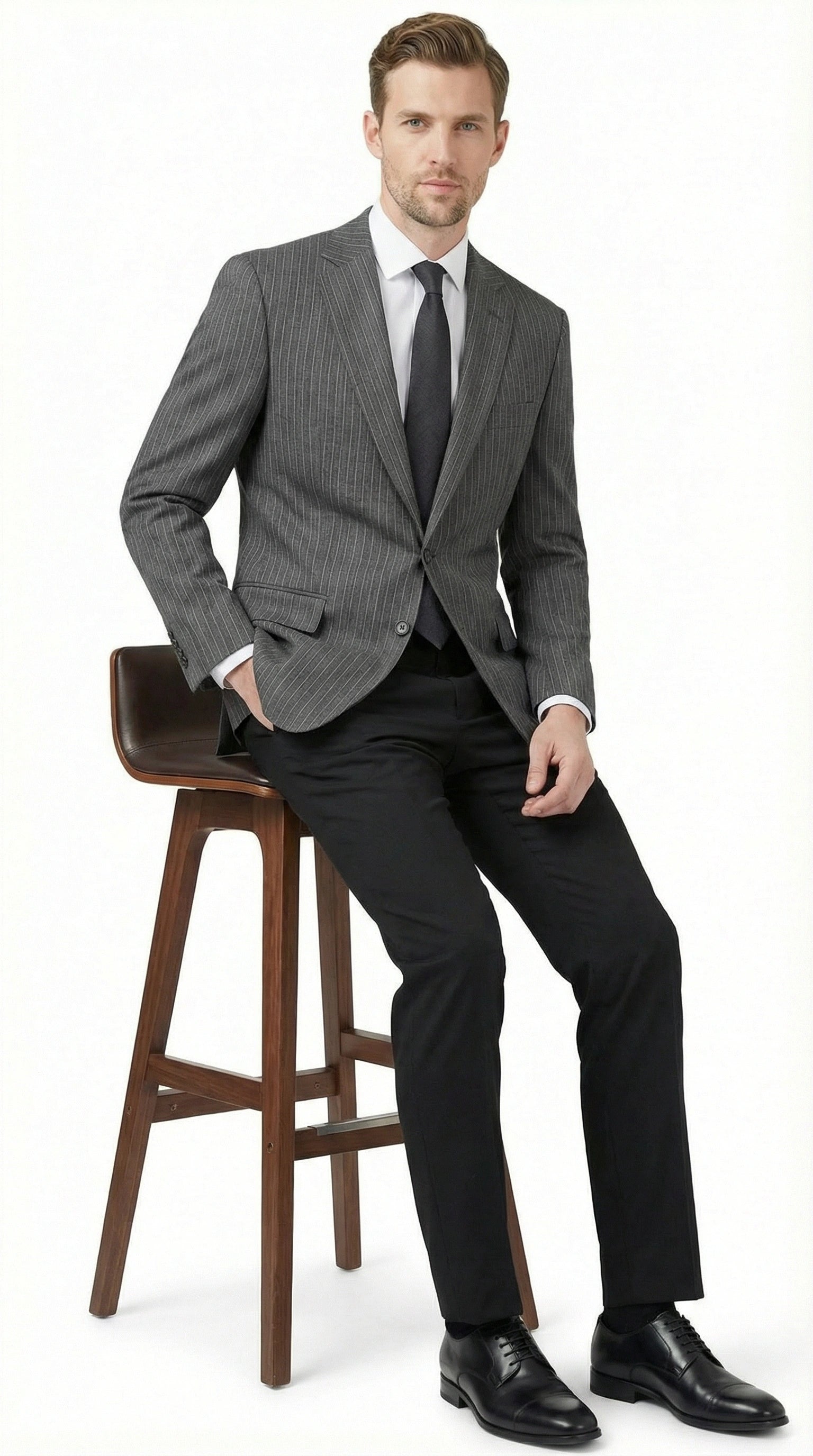 Men’s Charcoal Grey Pinstripe Blazer – Classic Tailored Formal Jacket for Business, Professional Wear Sportcoat