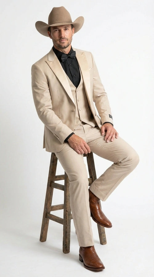 Men’s Tan Cowboy Suit – Western Formal Two Piece Suit for Weddings,  Champaign Sand Color