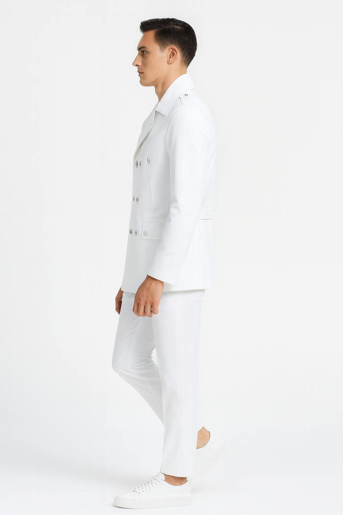 Men’s White Double-Breasted Peacoat Jacket - Classic Stylish Outerwear Wool Fabric Slim Fitted by USA Men's Outlet