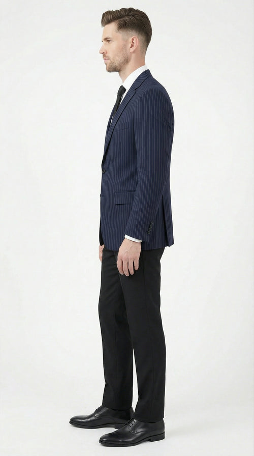 Men’s Navy Blue Pinstripe Blazer – Classic Tailored Formal Jacket for Business, Office and Professional Wear