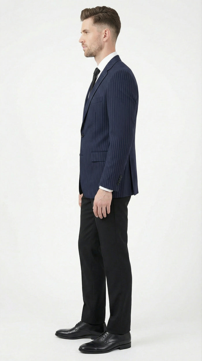 Men’s Navy Blue Pinstripe Blazer – Classic Tailored Formal Jacket for Business, Office and Professional Wear