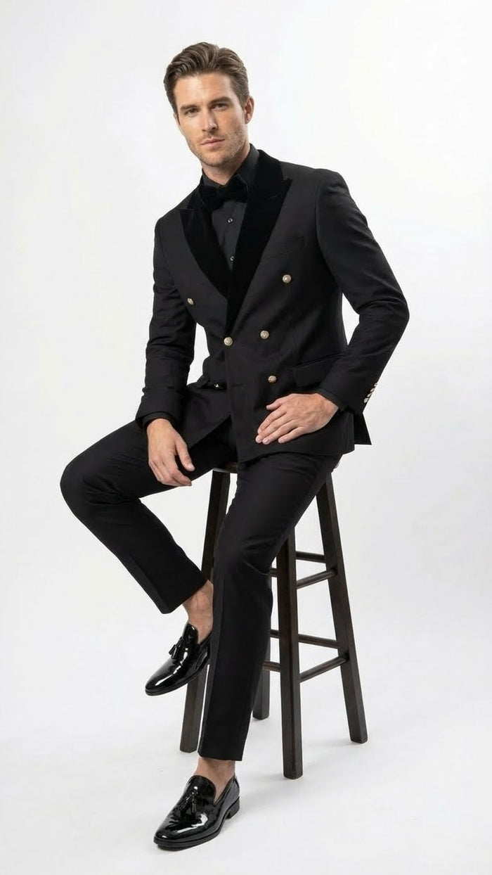 Men’s Black Double Breasted Tuxedo Suit - Luxury Formal Dinner Jacket Gold Buttons Velvet Lapel by USA Men's Outlet