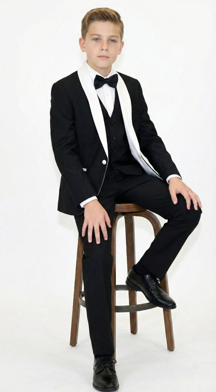 Boys Black Tuxedo Suit with White Shawl Lapel and Bow Tie | Formal Wedding & Prom Outfit Set