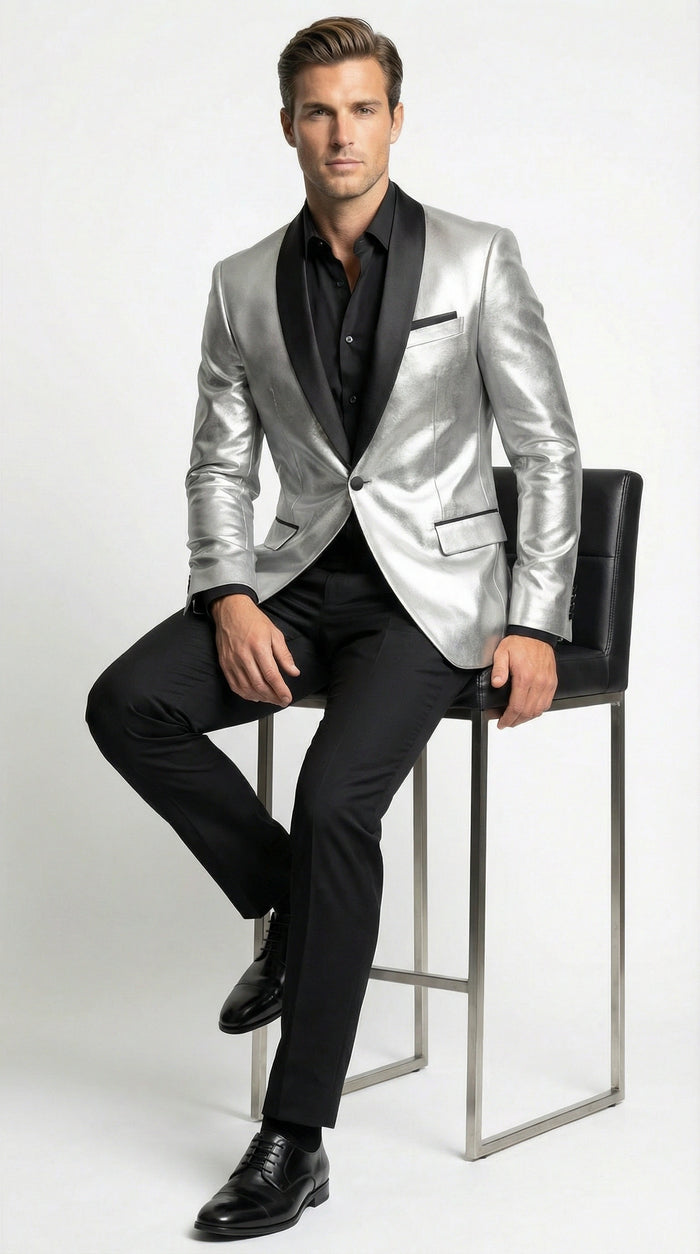 Men’s Shiny Silver Blazer with Black Lapel – Luxury Metallic Formal Jacket for Party, Evening and Special Events