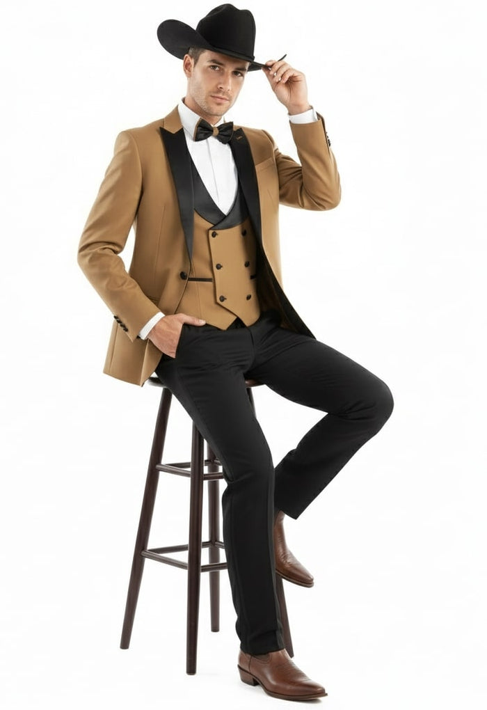 Mens Western Cowboy Tuxedo - Tan and Black 3-Piece Suit with Satin Lapel and Vest in Mocca Coffee Color by USA Men's Outlet
