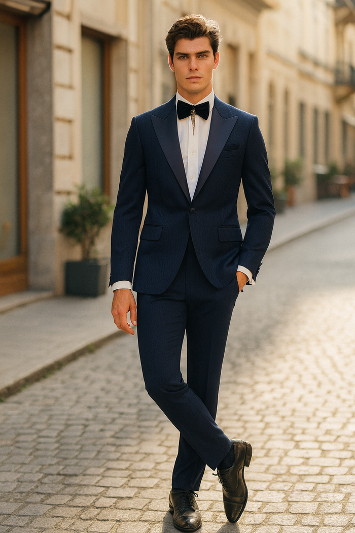 Men’s Navy Blue Tuxedo with Satin Peak Lapel With Matching Color Lapel Sateen - Formal 2 Piece Suit by USA Men's Outlet