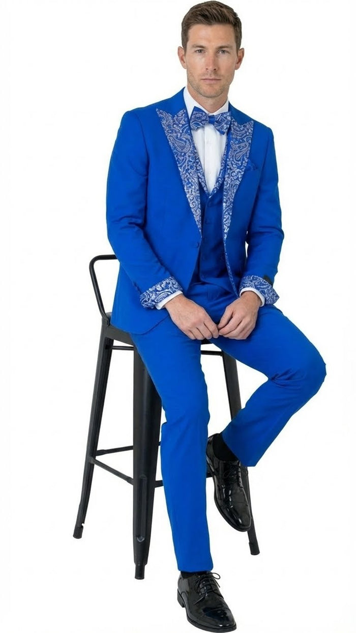 Men’s Bright Royal Blue and White lapel Embellished Tuxedo Suit - 3-Piece Formal Wedding, Prom, and Gala Outfit by USA Men's Outlet