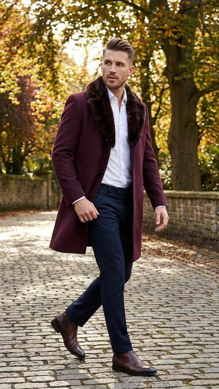 Men’s Burgundy Three Quarter Coat with Faux Fur Collar Overcoat - Luxury Winter Outerwear Three Quarter Carcoat Topcoat by USA Men's Outlet