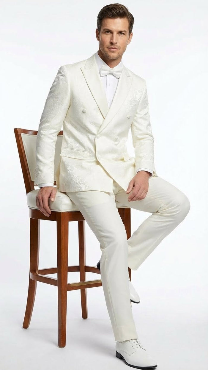 Men’s Ivory Double Breasted Tuxedo Dinner Jacket - Textured Blazer Paisley Texture Pattern in Off White Cream Color + Bowtie by USA Men's Outlet