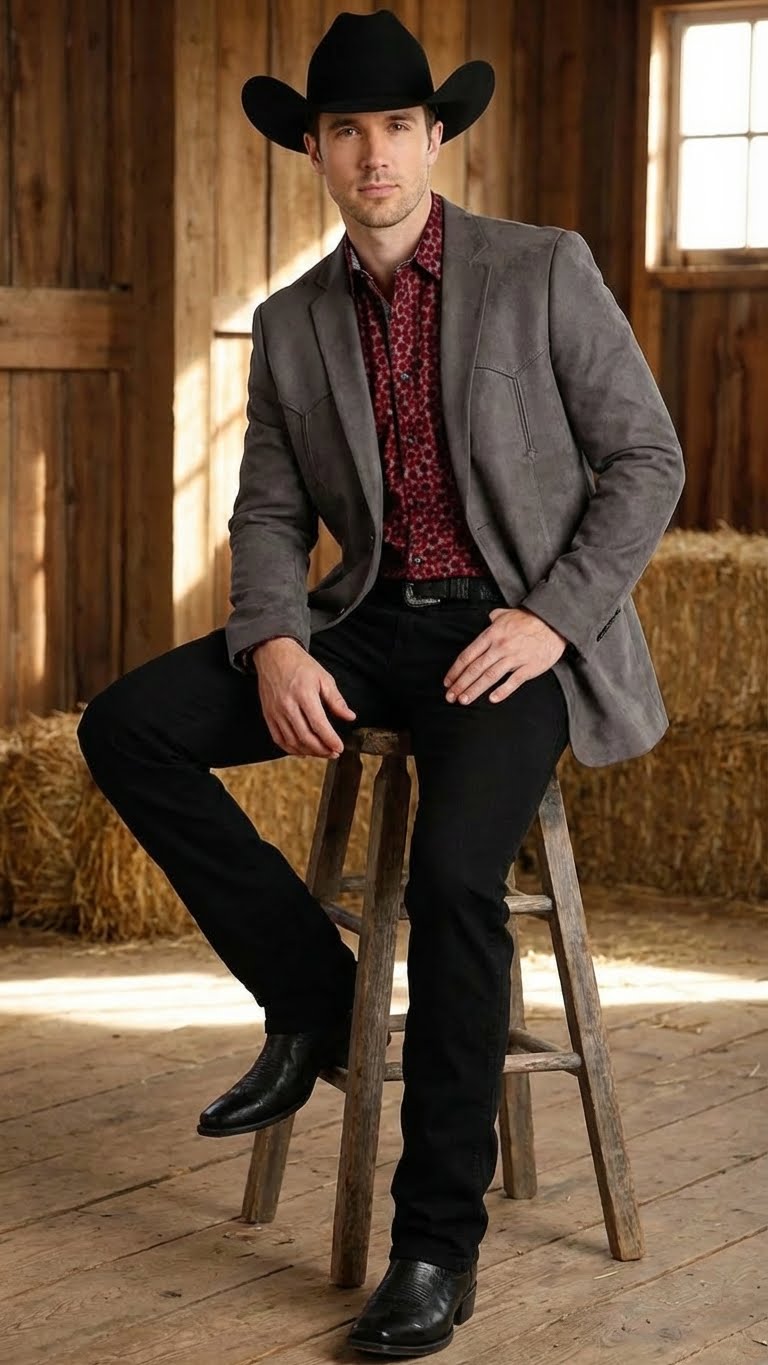 Saco Vaquero Men’s Charcoal Gray Western Faux Suede Blazer – Double Button Cowboy Jacket for Wedding & Party Wear