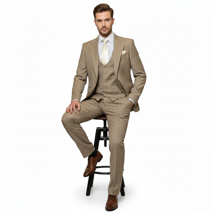 Men’s Beige Pinstripe Three-Piece Suit - Classic Fit Formal Suit with Vest and Flat-Front Pants in Tan Stripe By Rossiman USA Men's Outlet