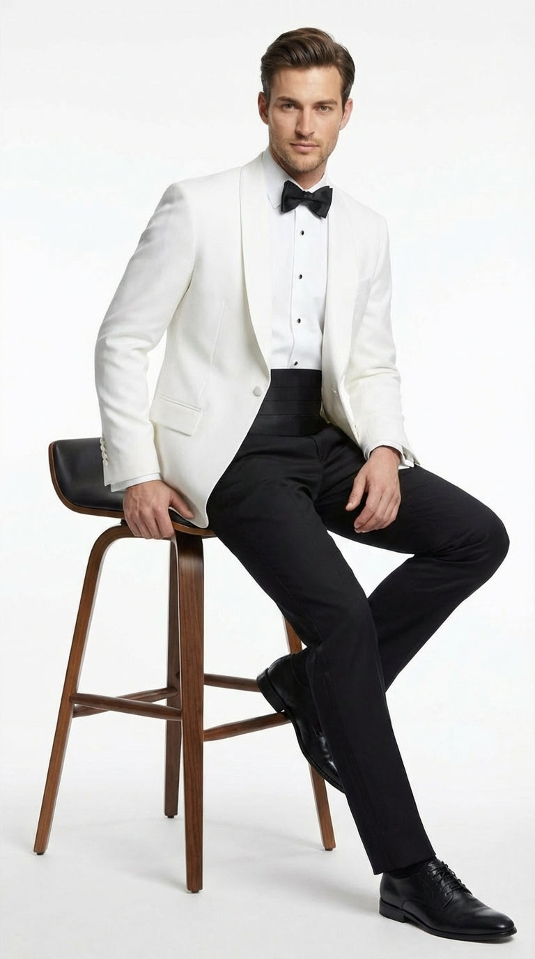 Men's White Dinner Jacket Tuxedo Blazer with Black Satin Shawl Lapel  With Black Tuxedo Pants