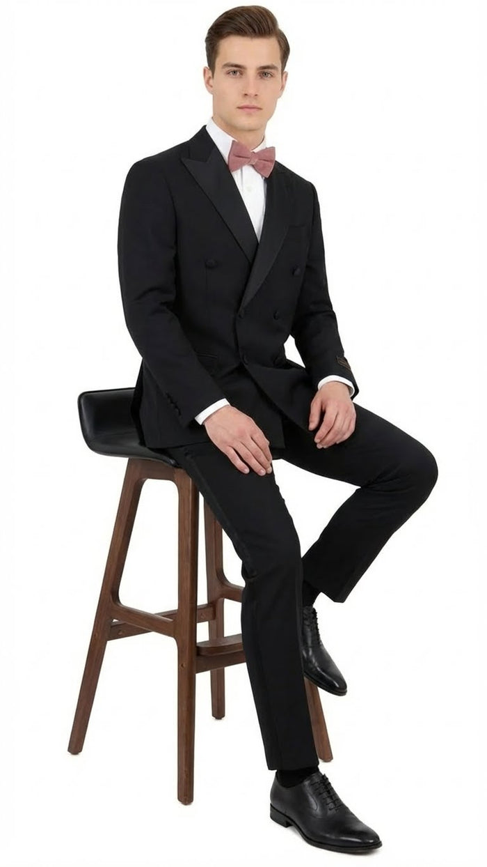 Tiglio Brand 100% Wool Super 150s Italian fabric Men’s Classic Black Double-Breasted Tuxedo with Satin Peak Lapel - Formal Wedding & Gala Suit Set USA Men's Outlet