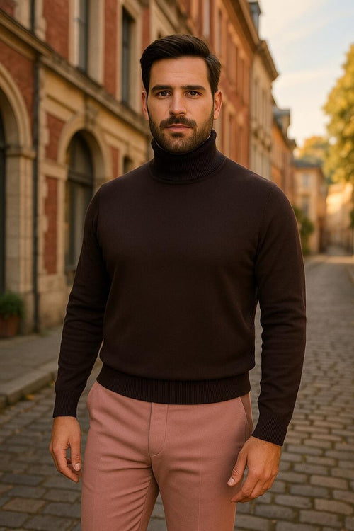 Men's Brown Turtleneck Sweater - Classic Slim Fit Knit Pullover for Fall and Winter by USA Men's Outlet