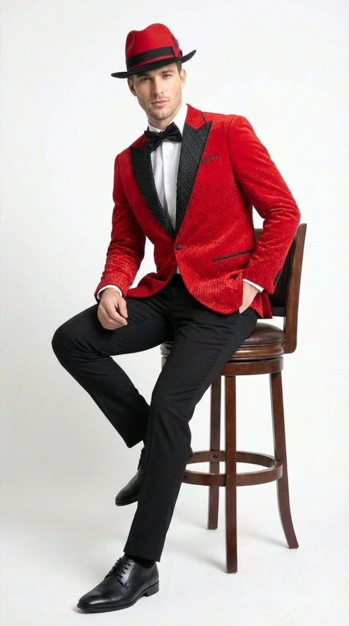 Men’s Red Velvet Fabric Rhinestone  Blazer with Matching Red and Black Hat – Christmas New Year Holiday Party Jacket Set