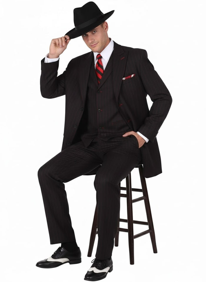 Mens Black and Red Pinstripe Zoot Suit - 1920s Gangster Vintage 3-Piece Suit for Formal, Prom, and Themed Events by USA Men's Outlet
