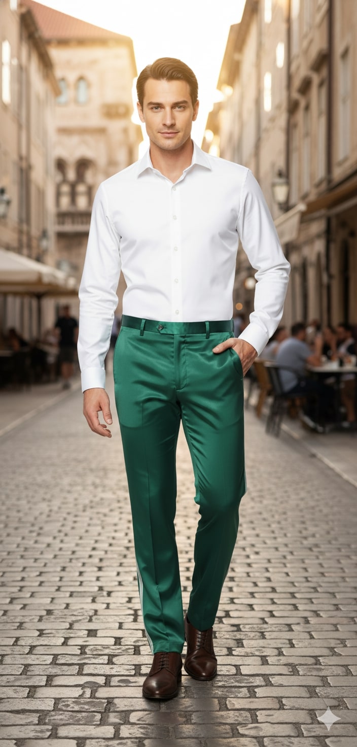 Men's Emerald Green Satin Slim Fit Dress Pants – Shiny Formal Party and Wedding Trousers