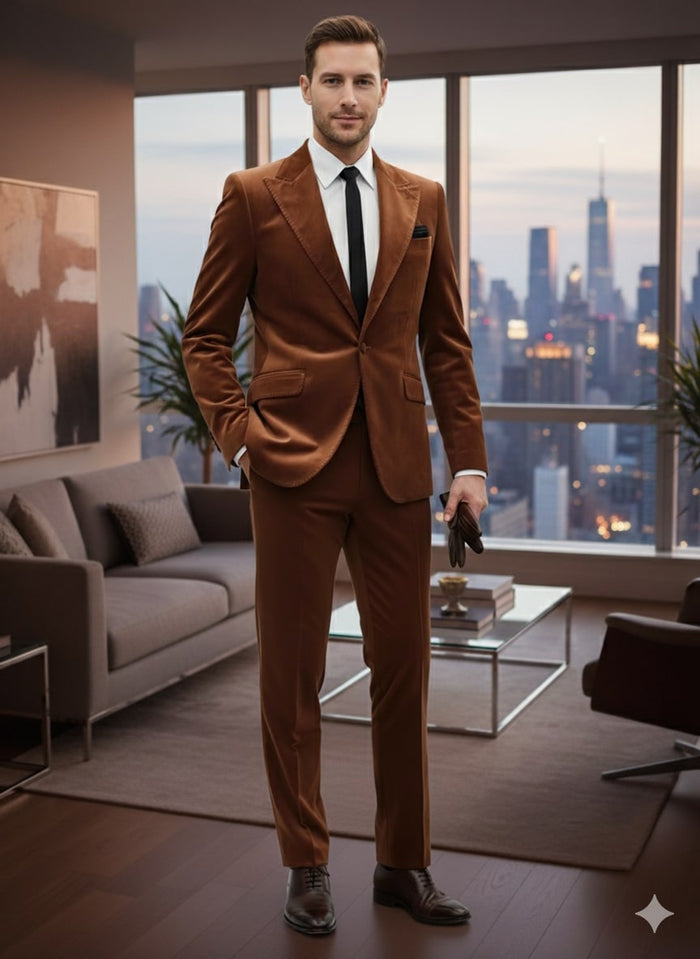 Mens Brown Velvet 2-Piece Suit - Luxury Slim Fit Formal Blazer and Pants Set in Rust Copper Color by USA Men's Outlet