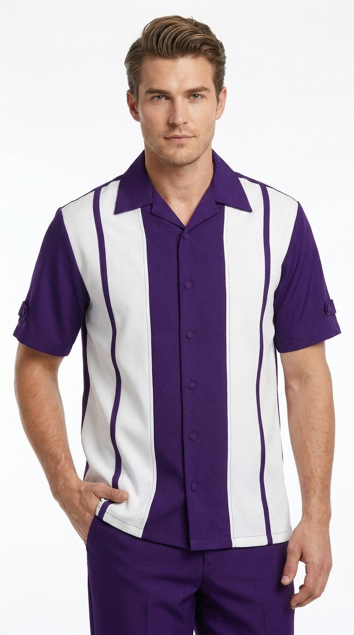 Men’s Purple and White Walking Suit – 2-Piece Short Sleeve Casual Leisure Outfit