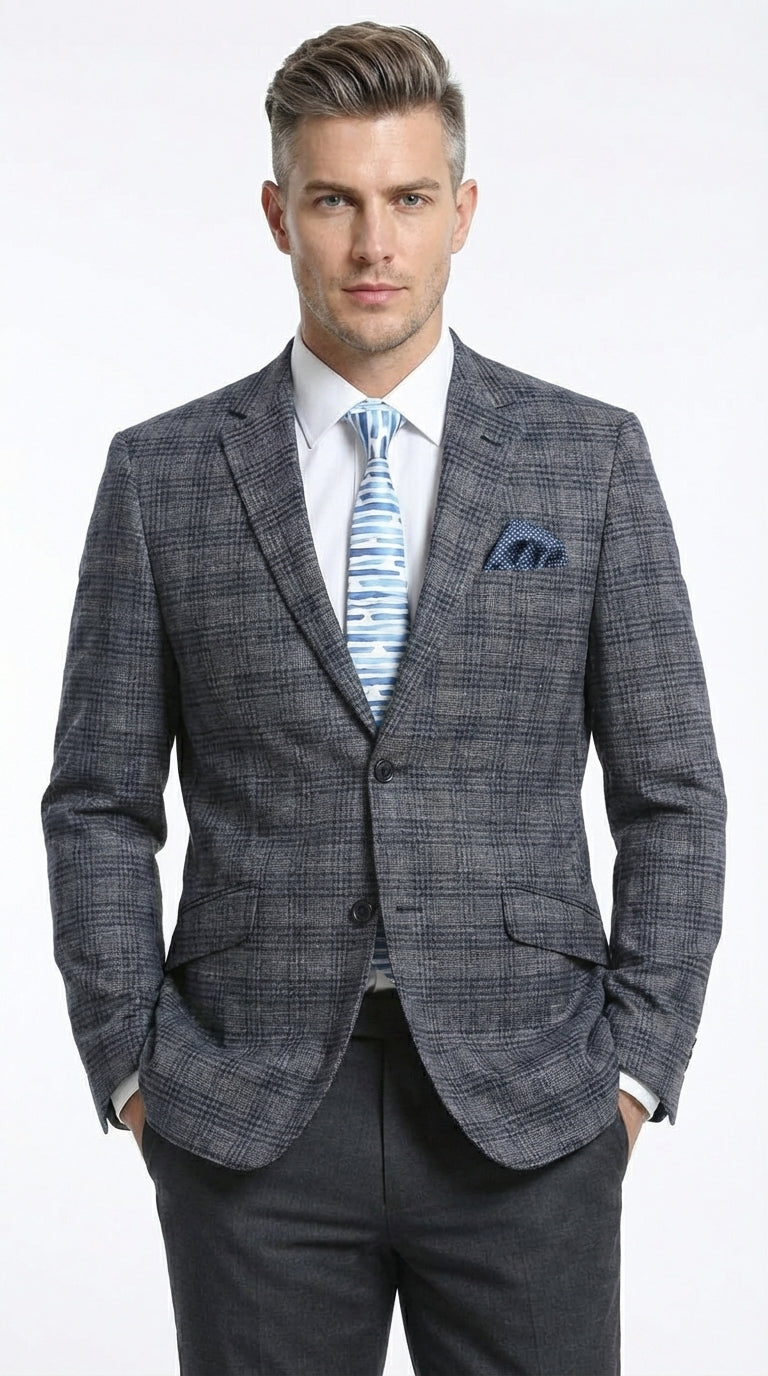 Mens Charcoal Gray with Blue Plaid Pattern Blazer Jacket – Classic Check Pattern Sport Coat for Business, Office, and Smart Casual Wear