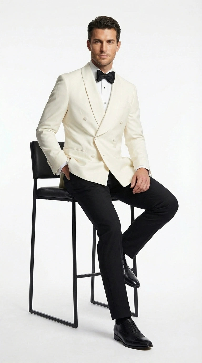 Men’s Ivory Wool Dinner Jacket – Classic Double Breasted Formal Tuxedo Jacket for Wedding and Black Tie Events