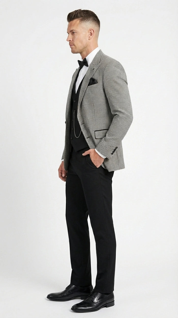 Men’s Black and White Houndstooth Gatsby Inspired Suit – Vintage Style Formal Suit for Wedding, Prom and Classic Events Blazer + Black vest + Black Pants