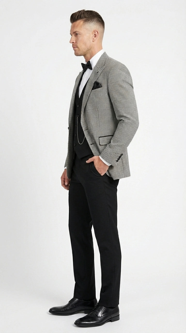Men’s Black and White Houndstooth Gatsby Inspired Suit – Vintage Style Formal Suit for Wedding, Prom and Classic Events Blazer + Black vest + Black Pants