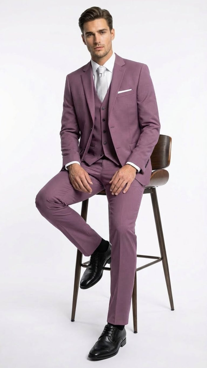 Men’s Mauve Three-Piece Suit - Slim Fit Formal Blazer, Vest, and Trousers for Weddings Rose Gold Pinkish Color USA Men's Outlet