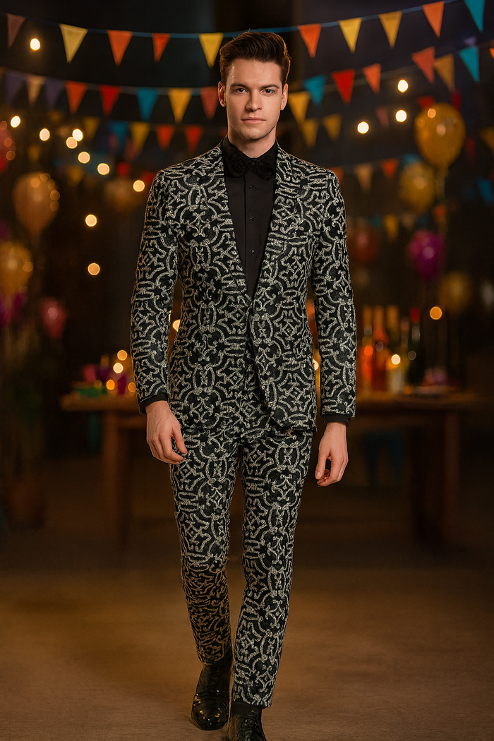 Men’s Black and Silver Sequin Tuxedo - Slim Fit 2-Piece Party and Wedding Suit with Sparkling Design- Black and White Color USA Men's Outlet