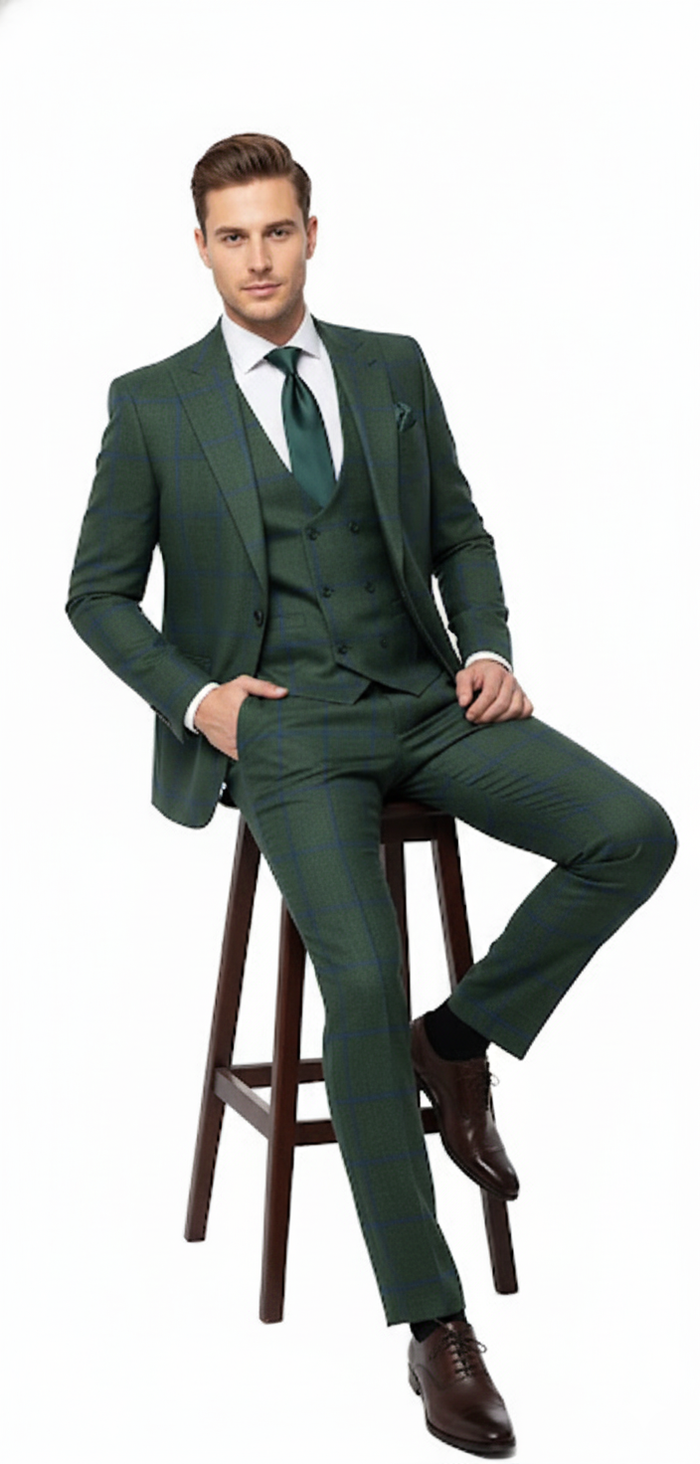 Men’s Green Plaid 3-Piece Suit - Classic Check Slim Fit Suit for Weddings, Church, and Formal By Rossiman USA Men's Outlet