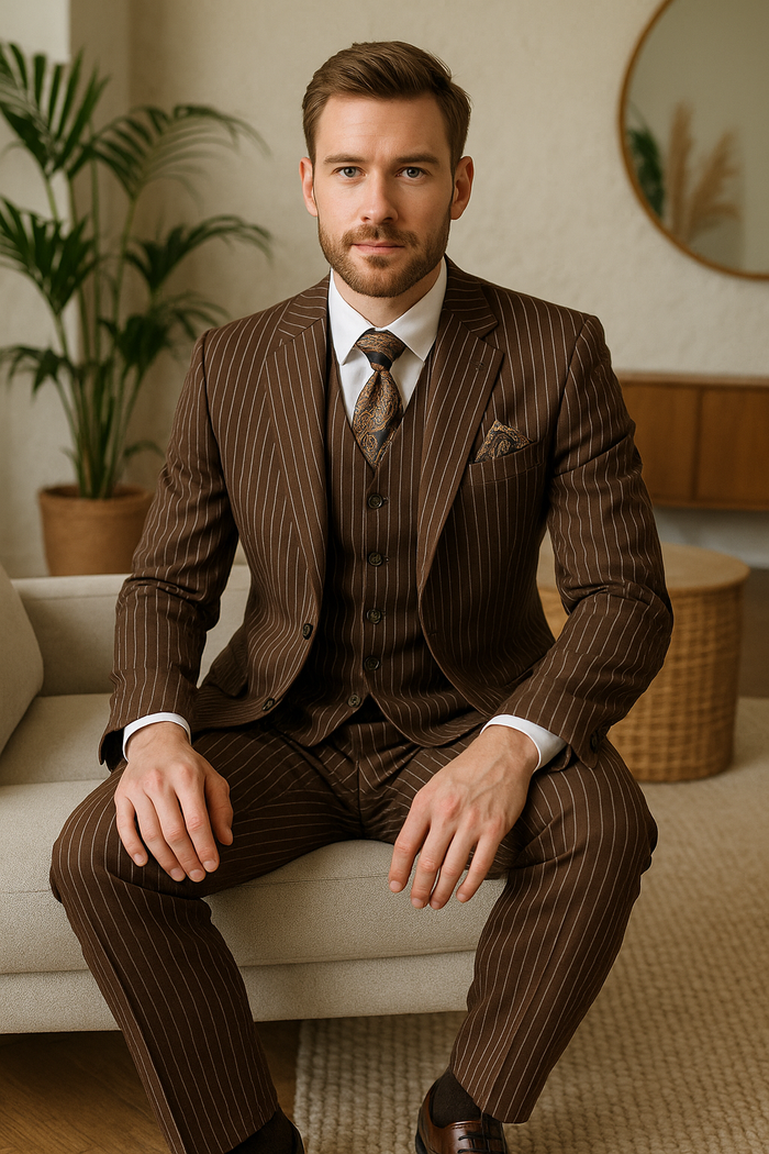 Men’s Brown Pinstripe 3-Piece Suit - Classic Fit Business Suit with Vest & Notch Lapel Blazer by Menssuitsatlantain