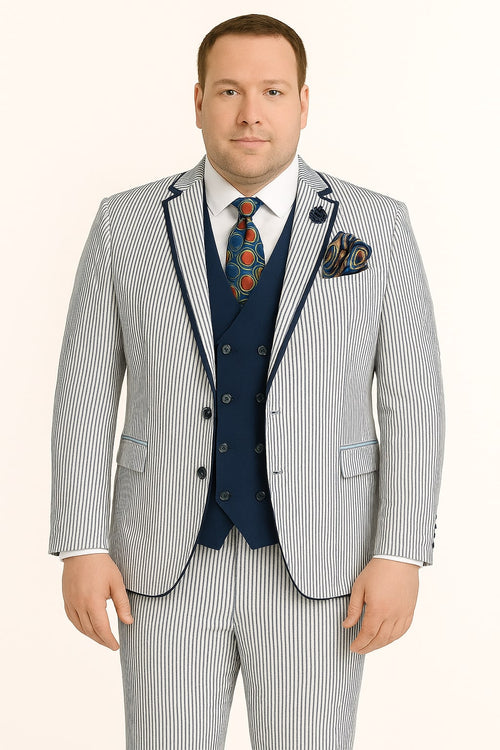 Men's White and Navy Pinstripe Suit with Contrast Trim – 3-Piece Seersucker Style Set for Weddings and Summer Events