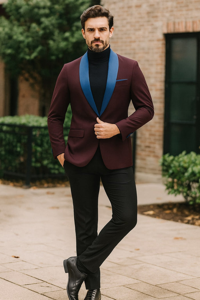 Mens Burgundy Tuxedo Dinner Jacket Blazer with Blue Satin Shawl Lapel Wedding and Party Jacket USA Men's Outlet