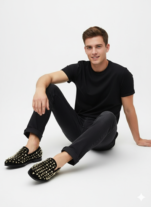 Men’s Studded Velvet Loafers - Designer Party and Prom Dress Shoes with Gold and Silver Spikes by USA Men's Outlet