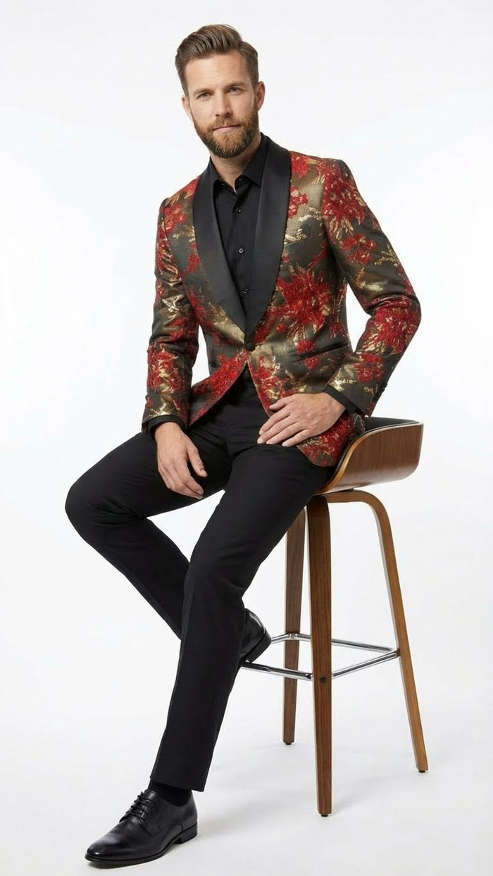 Men’s Red and Gold Floral Pattern Paisley Shawl Lapel - Luxury Evening and Party Wear Jacket Prom Christmas New Year Blazer by USA Men's Outlet
