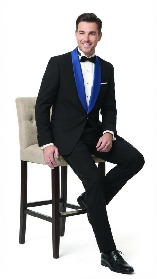 Men's Black Tuxedo with Royal Blue Shawl Lapel - Modern Formal Dinner Jacket Suit + Pants for Weddings, Proms - USA Men's Outlet Men's Black Tuxedo with Royal Blue Shawl Lapel - Modern Formal Dinner Jacket Suit + Pants for Weddings, Proms - USA Men's Outlet