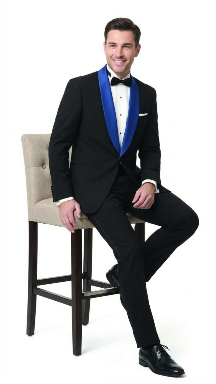 Men’s Black Tuxedo with Royal Blue Shawl Lapel - Modern Formal Dinner Jacket Suit + Pants for Weddings, Proms by USA Men's Outlet