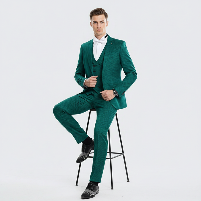 Men’s Emerald Green Textured 3-Piece Suit - Polk Dot Pattern Formal Wedding, Prom, and Evening Wear Outfit by USA Men's Outlet